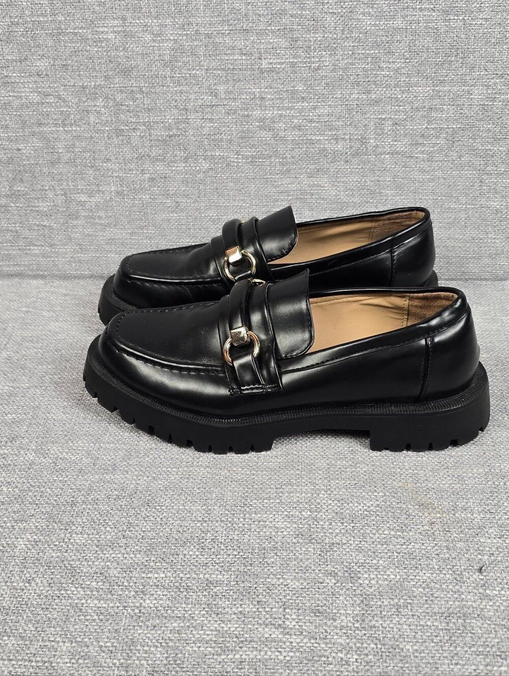 ZARA Lug Sole Gold Bit Buckle Loafers Black Womens Sz 38/ 7.5 US